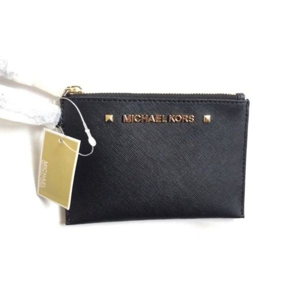 New! MICHAEL KORS Karla Black Leather Small Wristlet With Strap Zip-Top - Picture 6 of 7